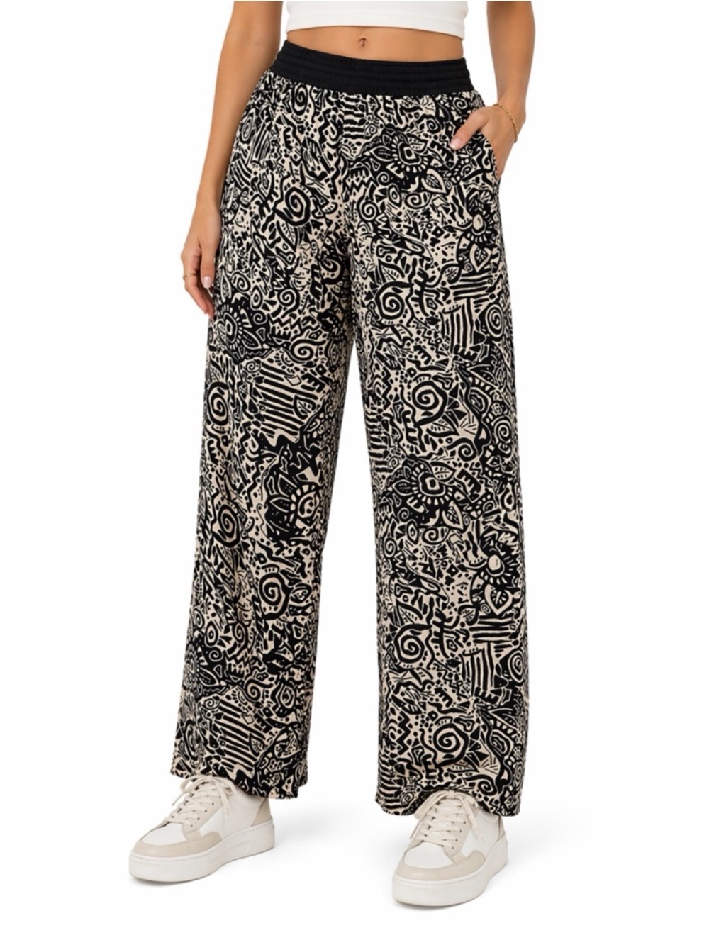 Robert Louis Black & Cream Abstract Wide Leg Pants Festival Boho Indie Vibes XL